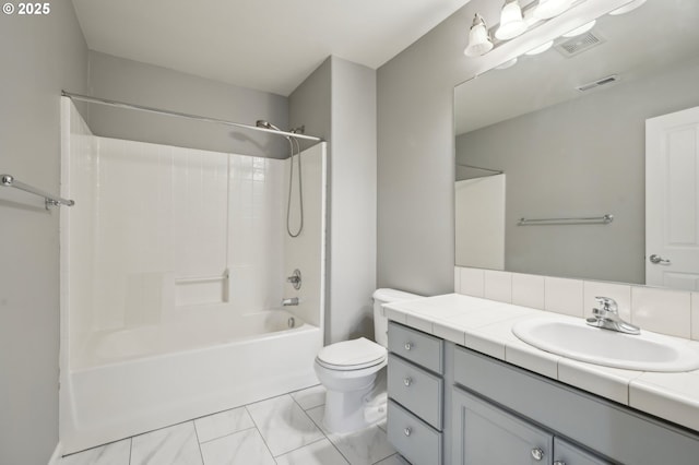 full bath with toilet, visible vents, shower / washtub combination, and vanity