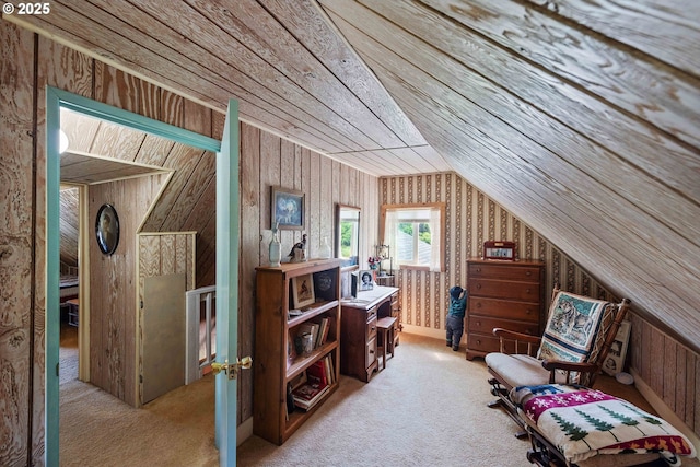 96863 Sitkum Ln, Myrtle Point, OR 97458 - living area with lofted ceiling, wood ceiling, wood walls, and carpet flooring