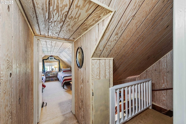 96863 Sitkum Ln, Myrtle Point, OR 97458 - hall featuring vaulted ceiling, carpet floors, wood walls, and wood ceiling