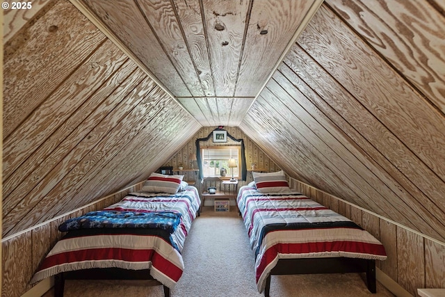 96863 Sitkum Ln, Myrtle Point, OR 97458 - bedroom featuring lofted ceiling, carpet floors, and wooden walls