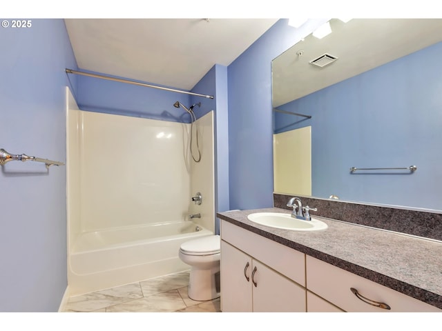 bathroom featuring visible vents, shower / tub combination, vanity, toilet, and marble finish floor