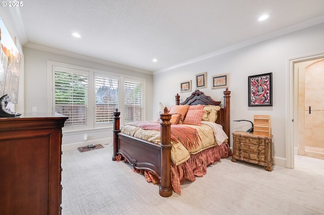 carpeted bedroom with ornamental molding, recessed lighting, connected bathroom, and baseboards