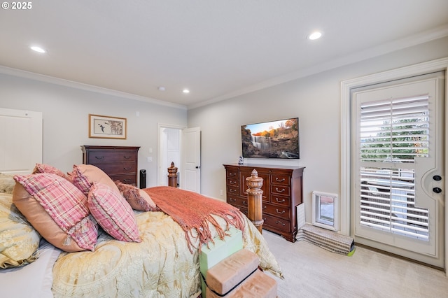 bedroom with ornamental molding, recessed lighting, and light colored carpet