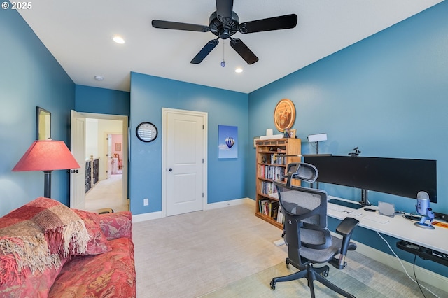 carpeted office with ceiling fan, baseboards, and recessed lighting