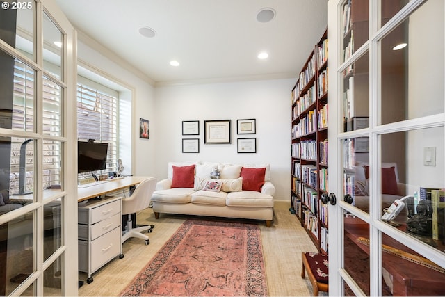 office space with recessed lighting, french doors, and crown molding