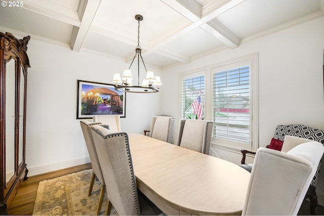 dining area with baseboards, coffered ceiling, wood finished floors, beamed ceiling, and an inviting chandelier