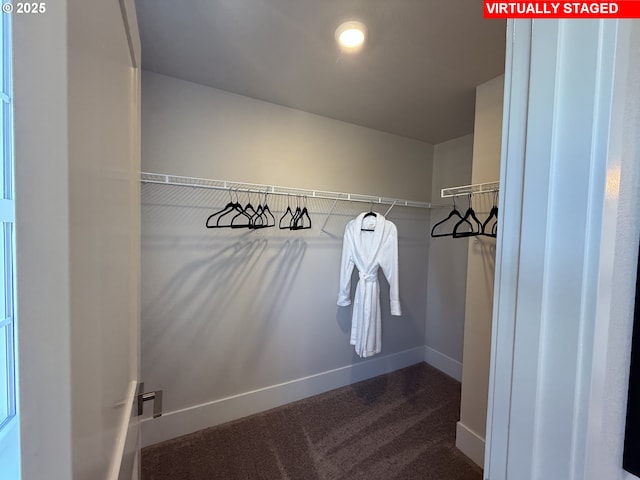 walk in closet featuring dark colored carpet