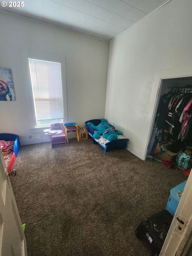 rec room with carpet and crown molding