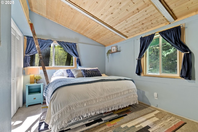 625 Wilson Rd, Mosier, OR 97040 - bedroom with multiple windows, wooden ceiling, and carpet flooring