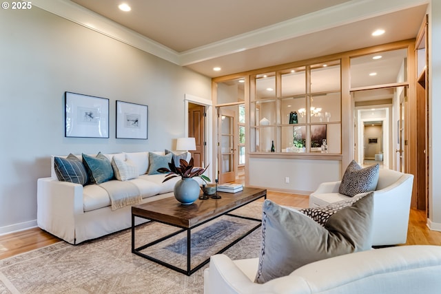 2405 Blacktail Dr, Eugene, OR 97405 - living room with ornamental molding, wood finished floors, recessed lighting, and baseboards