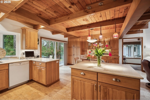 231 E Dunoon Pl, Shelton, WA 98584 - kitchen with dishwasher, wooden ceiling, a peninsula, beamed ceiling, and light countertops