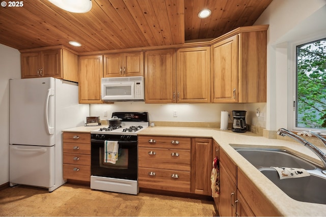 231 E Dunoon Pl, Shelton, WA 98584 - kitchen featuring white appliances, a sink, wooden ceiling, recessed lighting, and light countertops
