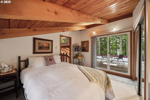 231 E Dunoon Pl, Shelton, WA 98584 - bedroom featuring access to exterior, beamed ceiling, wood ceiling, and carpet floors
