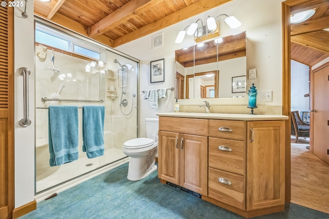 231 E Dunoon Pl, Shelton, WA 98584 - bathroom featuring wooden ceiling, beam ceiling, toilet, a stall shower, and vanity