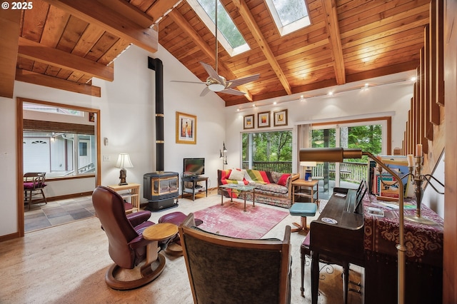 231 E Dunoon Pl, Shelton, WA 98584 - living room with a wood stove, wooden ceiling, ceiling fan, beam ceiling, and a skylight