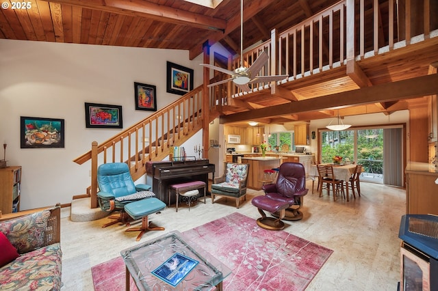 231 E Dunoon Pl, Shelton, WA 98584 - living area featuring stairs, wooden ceiling, a ceiling fan, beamed ceiling, and high vaulted ceiling