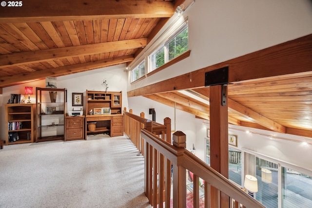 231 E Dunoon Pl, Shelton, WA 98584 - hallway featuring an upstairs landing, wood ceiling, and light carpet