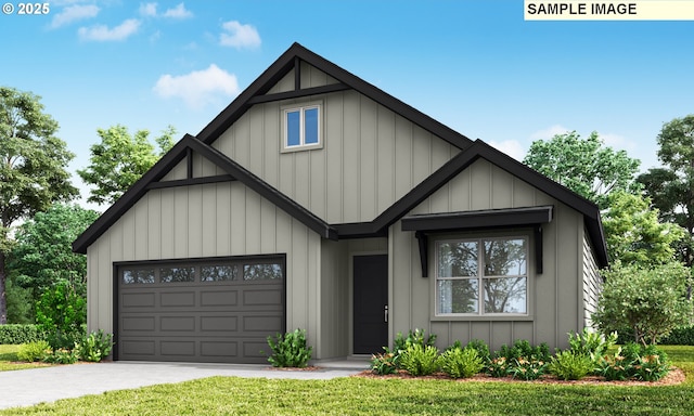 view of front facade with board and batten siding, an attached garage, and concrete driveway