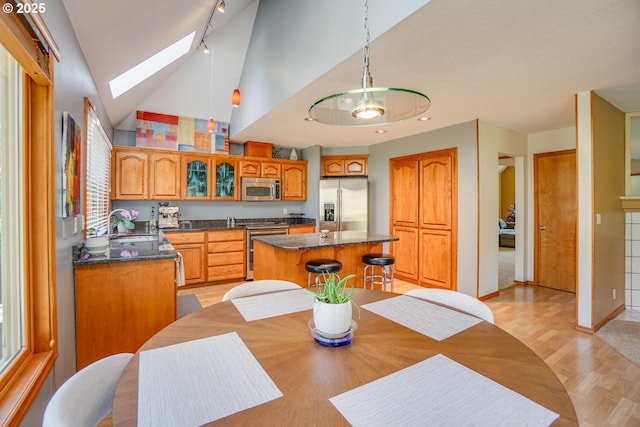kitchen with a skylight, a center island, glass insert cabinets, hanging light fixtures, and appliances with stainless steel finishes
