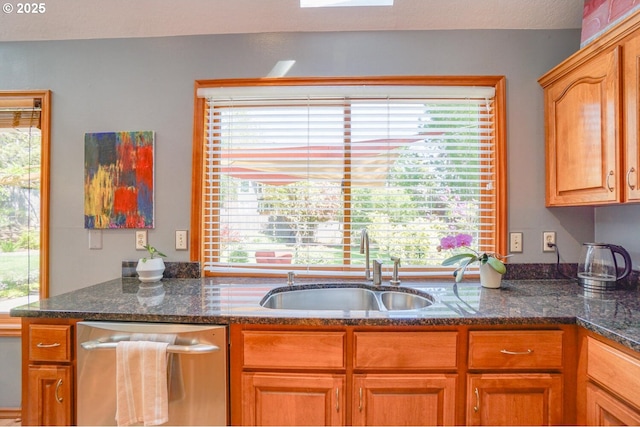 kitchen with dark stone countertops, plenty of natural light, stainless steel dishwasher, and a sink