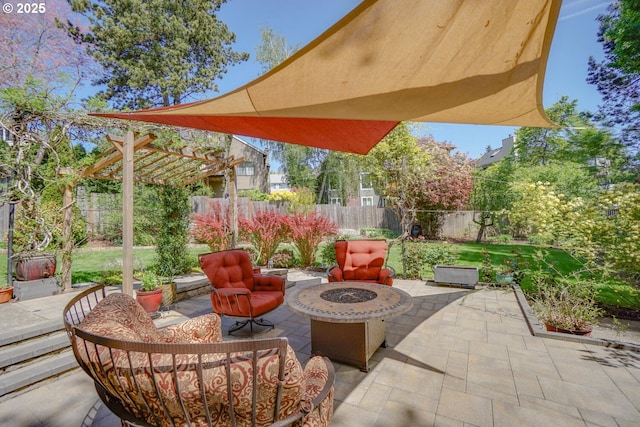 view of patio / terrace with an outdoor fire pit and a fenced backyard