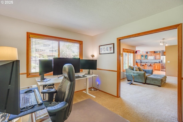 office with light colored carpet, a textured ceiling, and baseboards