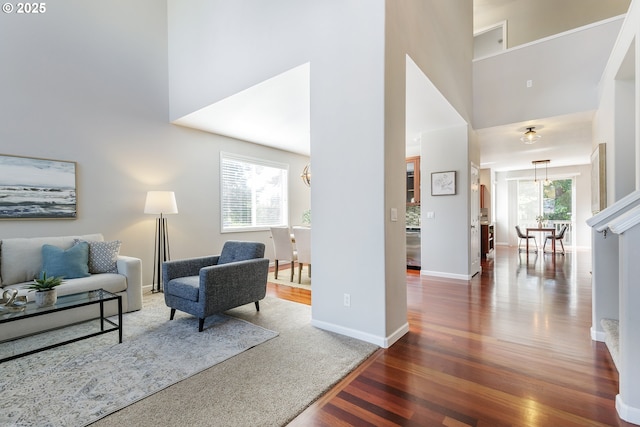 living area featuring baseboards, a high ceiling, and wood finished floors