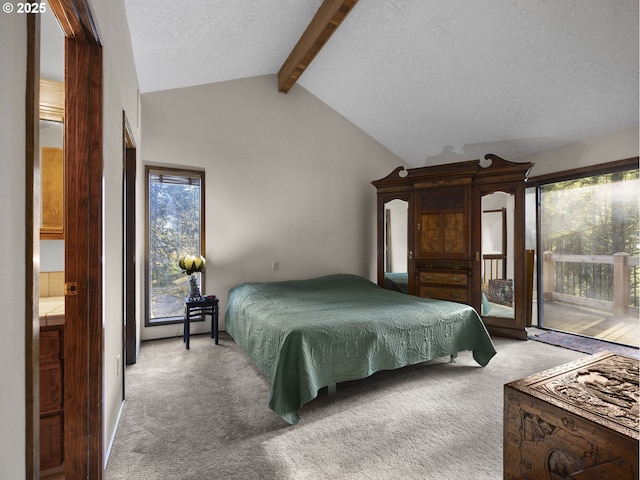 bedroom featuring access to exterior, lofted ceiling with beams, light colored carpet, and a textured ceiling