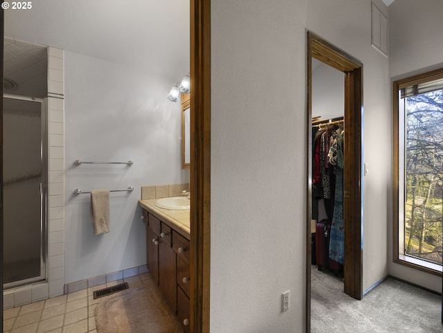 bathroom featuring vanity, an enclosed shower, and a wealth of natural light