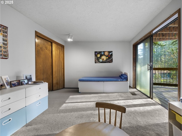 bedroom featuring access to outside, light colored carpet, a closet, and a textured ceiling