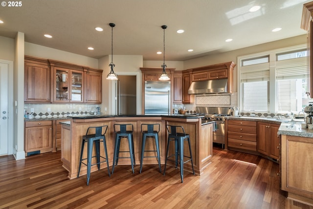 2640 NW Birkendene St, Portland, OR 97229 - kitchen featuring high end appliances, under cabinet range hood, decorative backsplash, brown cabinets, and recessed lighting