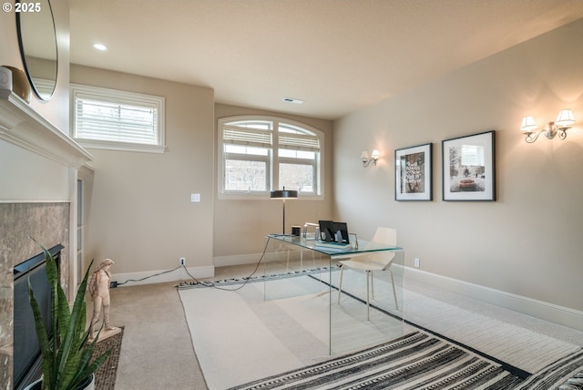 2640 NW Birkendene St, Portland, OR 97229 - carpeted home office featuring plenty of natural light, a tile fireplace, baseboards, and recessed lighting