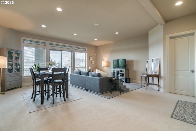 2640 NW Birkendene St, Portland, OR 97229 - dining space with light colored carpet, recessed lighting, healthy amount of natural light, baseboards, and beam ceiling