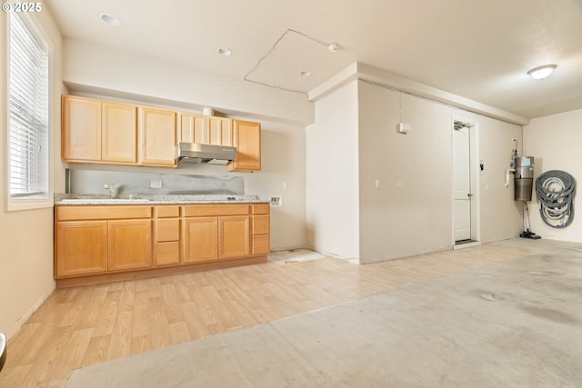 kitchen with light wood finished floors, plenty of natural light, under cabinet range hood, and a sink
