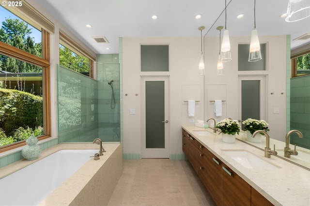 448 NW Skyline Blvd, Portland, OR 97229 - bathroom featuring double vanity, a garden tub, recessed lighting, and a tile shower
