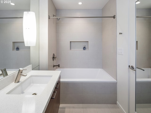 448 NW Skyline Blvd, Portland, OR 97229 - full bath with vanity, tiled shower / bath, tile patterned floors, and recessed lighting