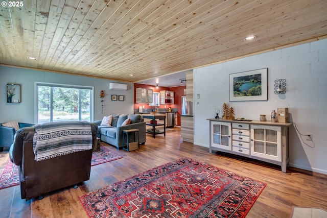 living room with recessed lighting, wood ceiling, wood finished floors, and a wall mounted AC