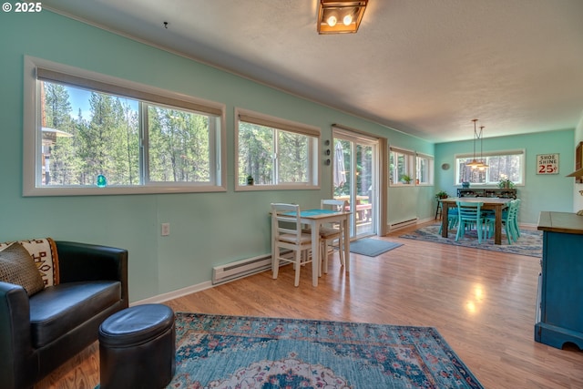 living room with wood finished floors, baseboards, baseboard heating, and a chandelier