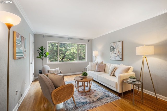 living room featuring crown molding and hardwood / wood-style flooring