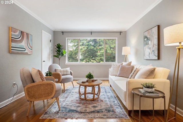 living room featuring crown molding and dark wood-type flooring