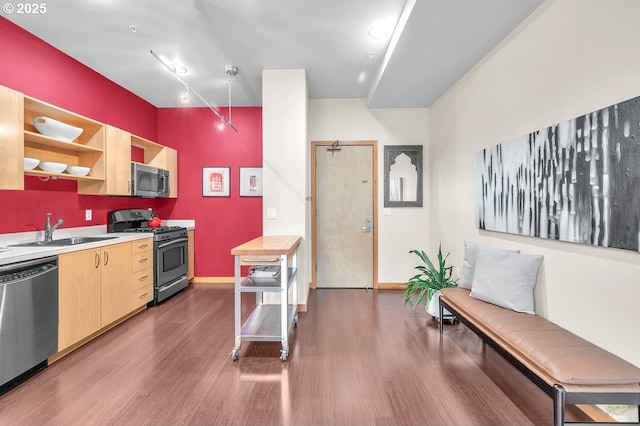 kitchen with light brown cabinetry, a sink, wood finished floors, stainless steel appliances, and light countertops