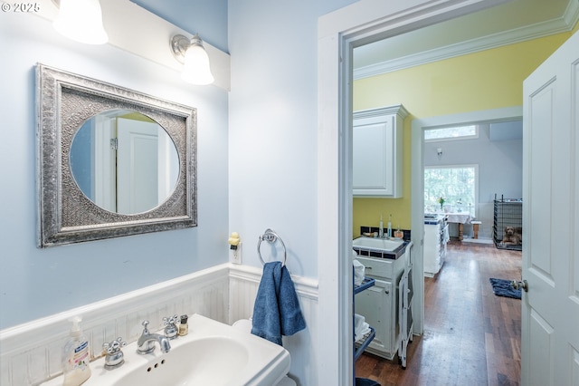 895 Pine Forest Dr, Eugene, OR 97405 - bathroom featuring wainscoting, a sink, ornamental molding, and wood finished floors