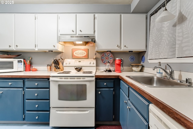 kitchen with white cabinetry, white appliances, blue cabinets, and sink