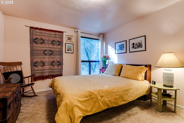 bedroom with dark colored carpet