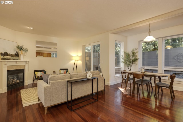 living room with a glass covered fireplace, wood finished floors, and baseboards