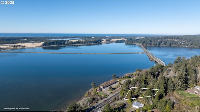 aerial view featuring a water view