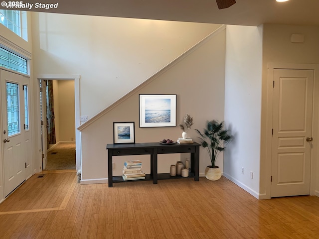 entrance foyer featuring light hardwood / wood-style floors and a towering ceiling