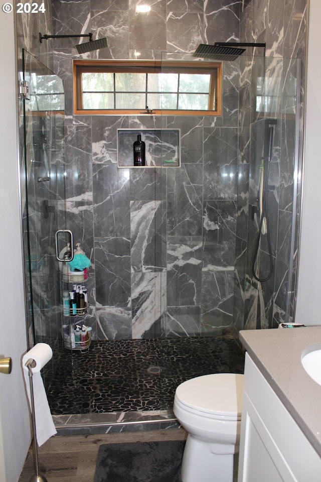 bathroom featuring wood finished floors, toilet, a stall shower, and vanity