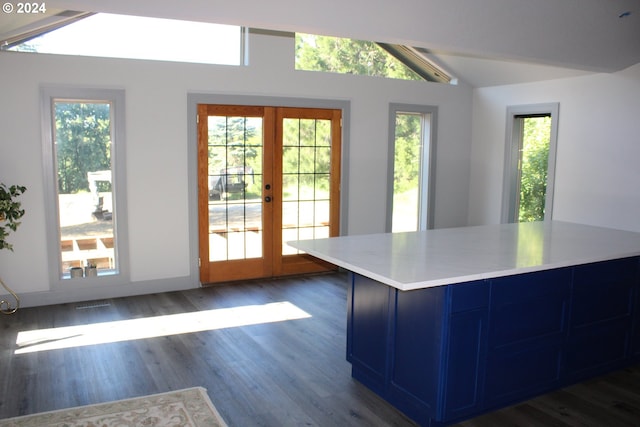 kitchen featuring vaulted ceiling, blue cabinets, and wood finished floors