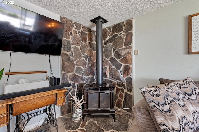 1220 Baker St, Baker City, OR 97814 - detailed view of a wood stove and a textured ceiling
